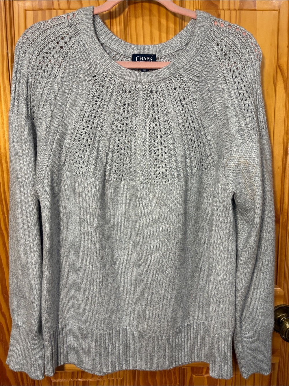 Chaps Light Gray Open-Knit Yoke Crewneck Sweater